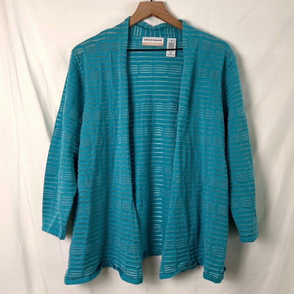 Alfred Dunner Women Cardigan Teal Size 1X Open Front Textured 3/4 Sleeve Sweater